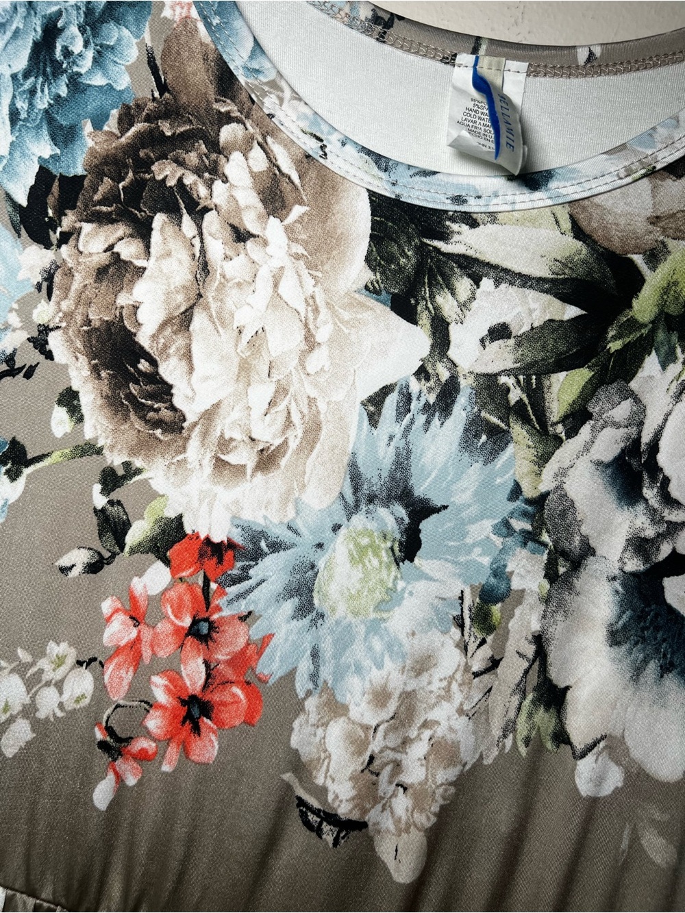 Bellamie Taupe Floral Maxi Dress with Blue and Coral Accents - Picture 2 of 4